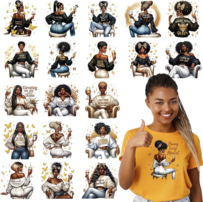 Shejdgart Dtf Transfers Ready to Press - 20 Pcs African American Women Iron on Transfers for T-Shirts Black Girl Heat Transfer Vinyl Patches Decals for Clothes Bag Pillow DIY Decor - Image 1